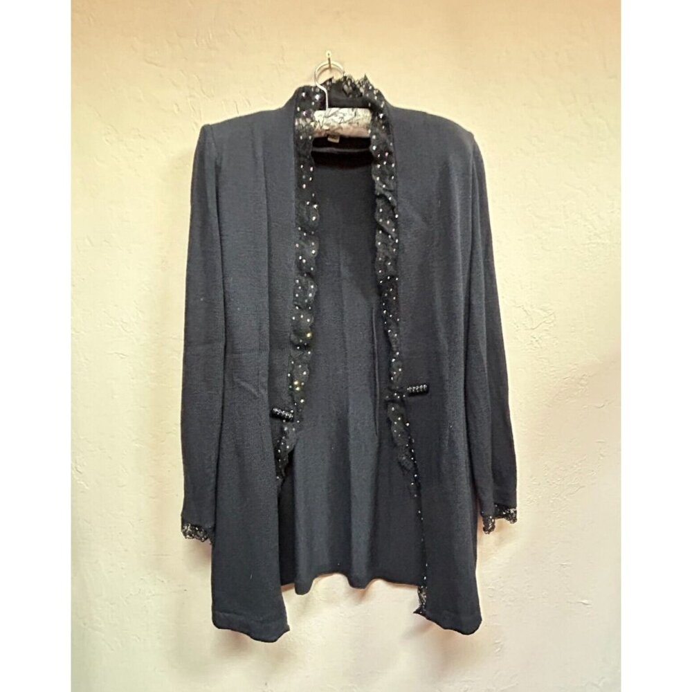 St. John Evening Marie Gray Womens Black Knit Cardigan Sweater Lace Trim Size 4